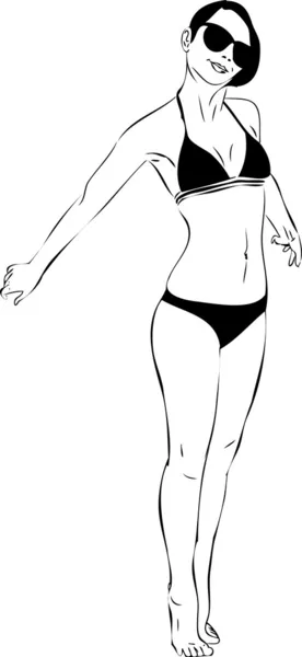Barefoot girl with dark glasses and black bikini — Stock Vector
