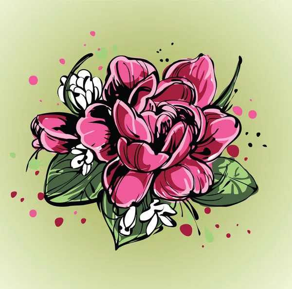 Ein kleiner heller Strauß Rosen und Schneeglöckchen — Stockvektor
