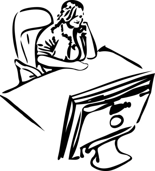Menina na mesa em frente ao monitor — Vetor de Stock