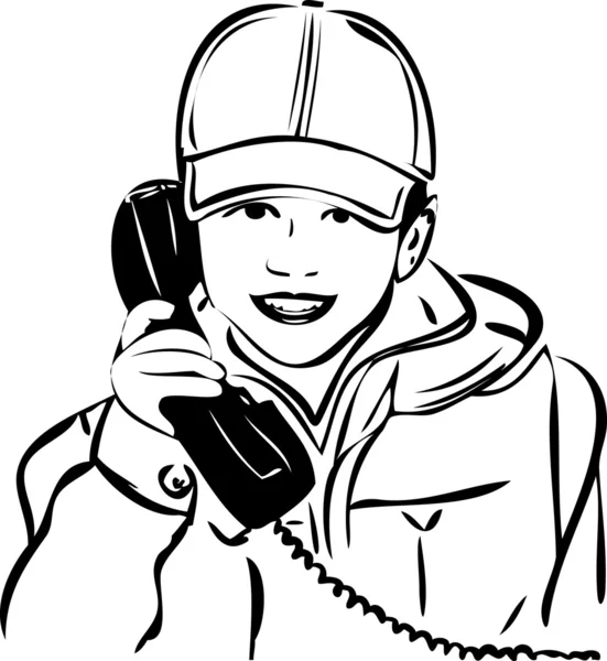 Sketch of a boy wearing a cap with the handset — Stock Vector