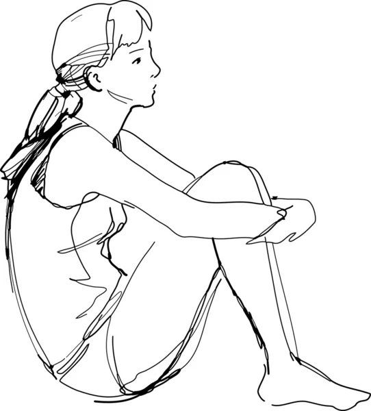 Sketch of a girl sitting hugging her knees — Stock Vector