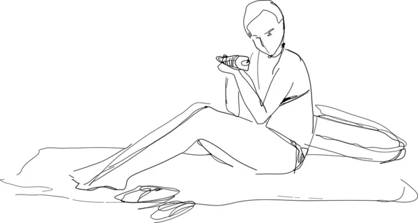 Chica en un traje de baño en la playa sentado y comer — Archivo Imágenes Vectoriales