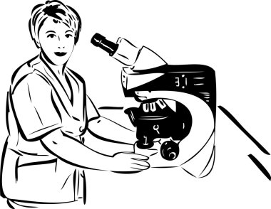 Woman in the lab next to the microscope clipart