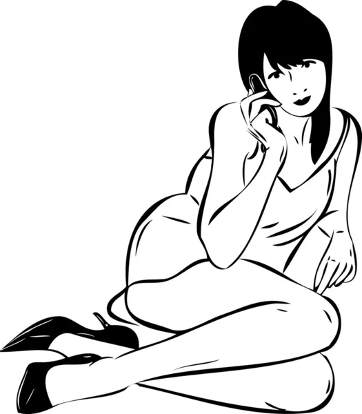 Telefonda konuşurken oturan bir kız kroki — Stok Vektör