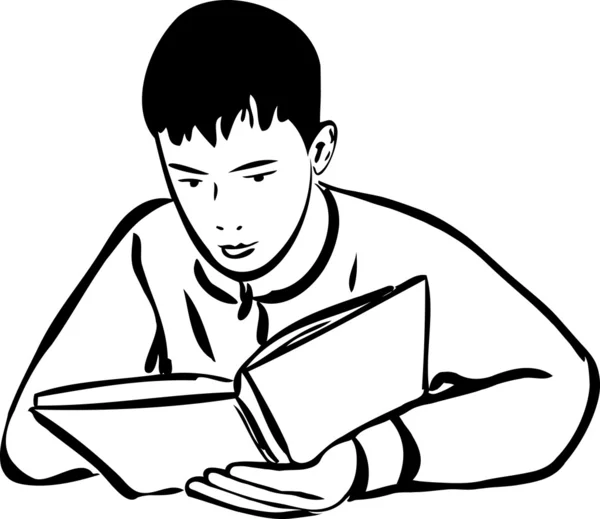 Σκίτσο αγόρι, διαβάζοντας ένα βιβλίο περίγραμμα — Διανυσματικό Αρχείο