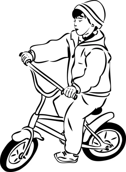 Croquis d'un garçon faisant du vélo sur un petit — Image vectorielle