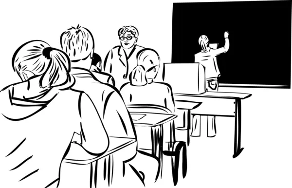 Φοιτητές σχεδίου στην τάξη και τα κορίτσια στο μαυροπίνακα — Διανυσματικό Αρχείο