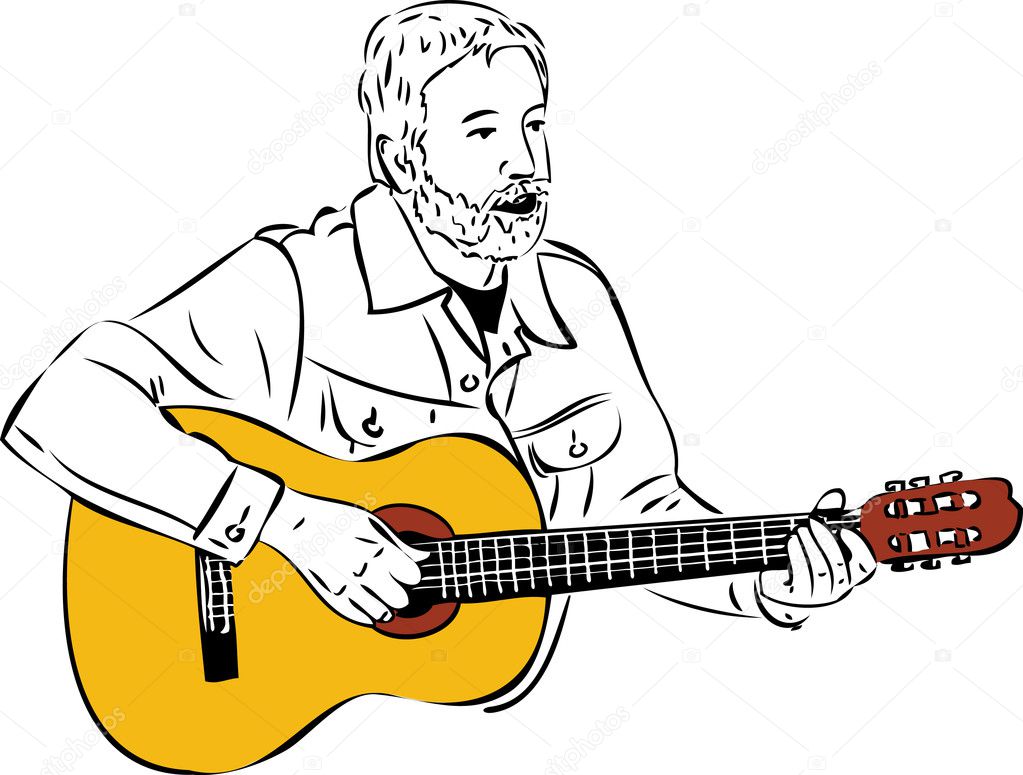 Sketch of a man with a beard playing a guitar