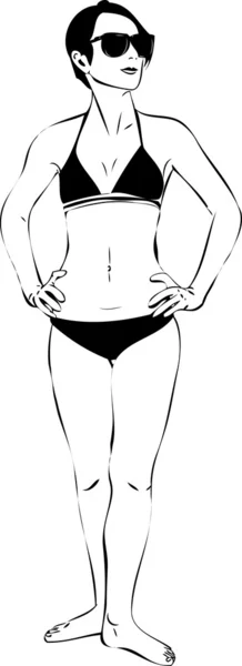 Boceto de una chica en gafas de sol y bikini negro — Vector de stock