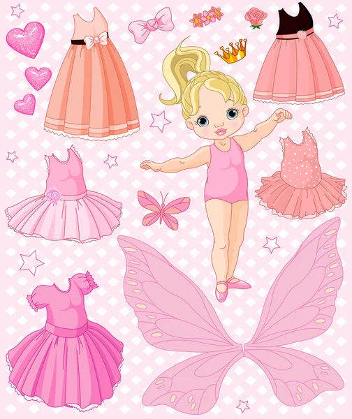 Menina bebê com diferentes vestidos de balé e princesa — Vetor de Stock