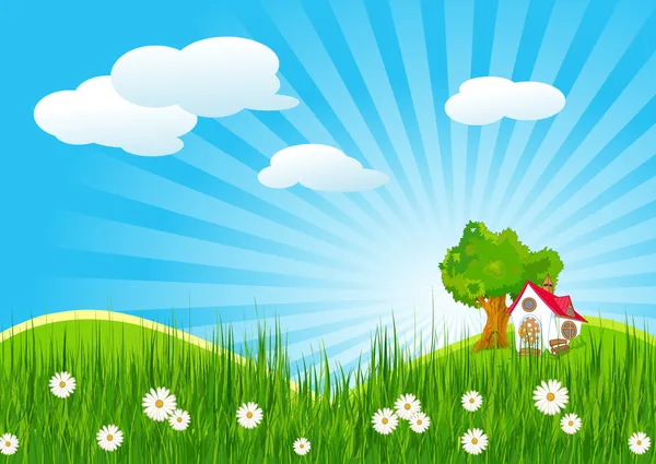 Summer landscape with little house — Stock Vector