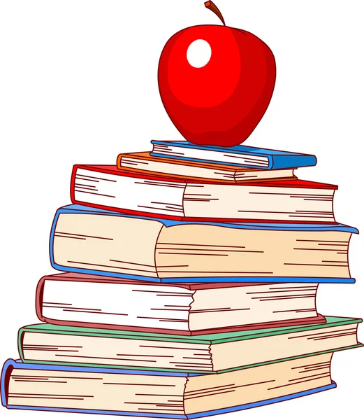 Куча книг и красное яблоко — стоковый вектор