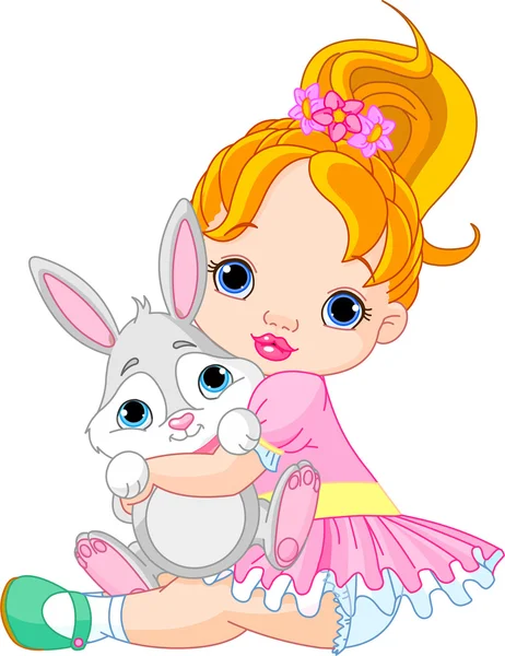 Little girl hugging toy bunny — Stock Vector