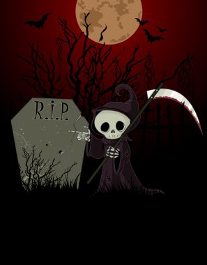 Cartoon grim reaper pointing to tombstone clipart