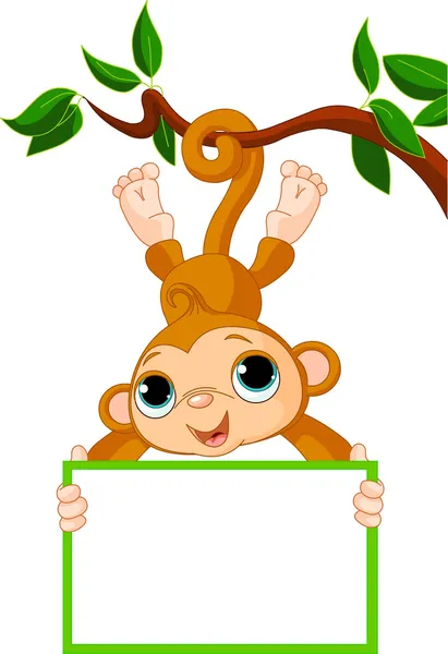 Baby monkey on a tree holding blank sign — Stock Vector