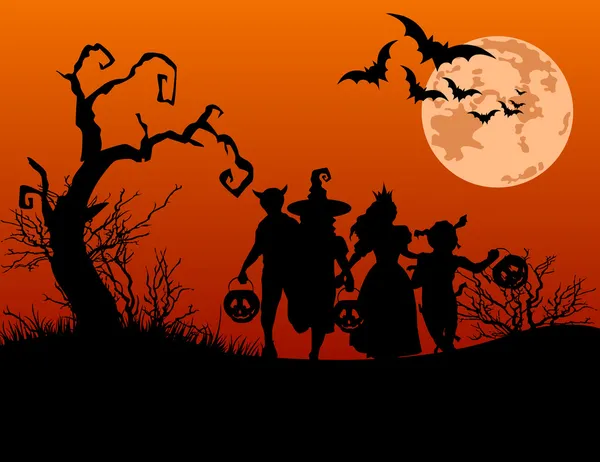 Хэллоуин фон с силуэтами трюка или лечения ребенка — стоковый вектор