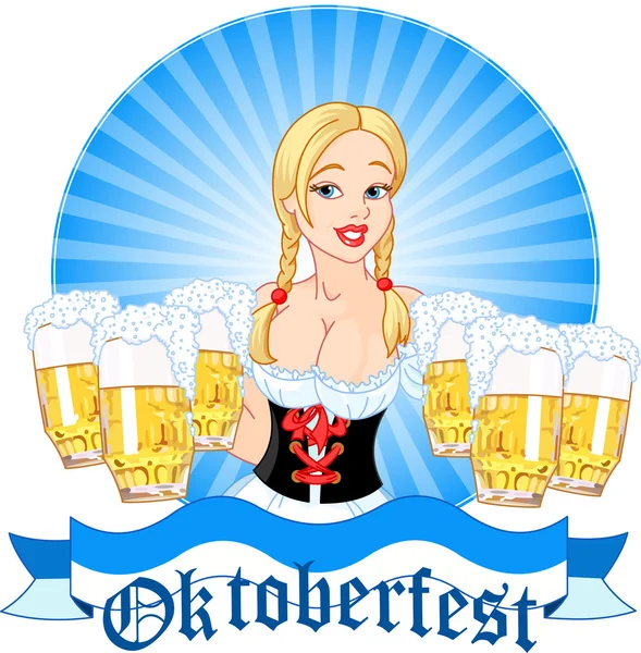 Oktoberfest-Mädchen serviert Bier — Stockvektor