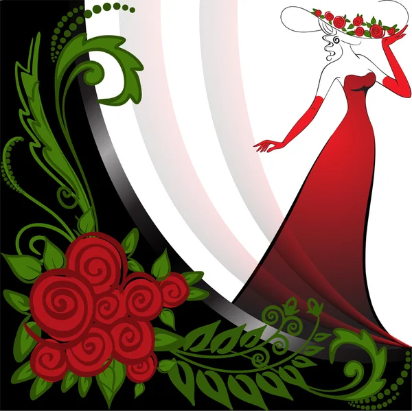 Femme en rouge et roses — Image vectorielle
