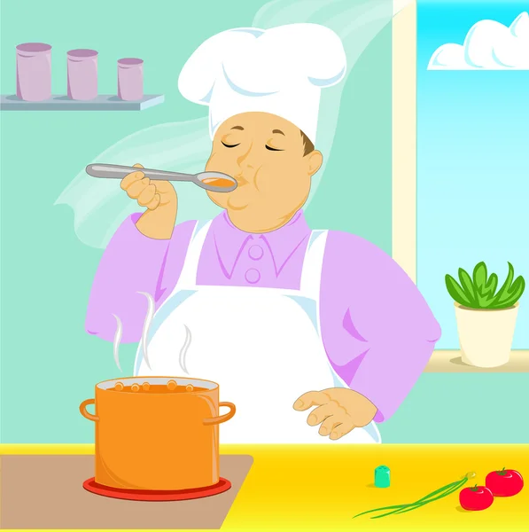 Cook trying out soup — Stockvector