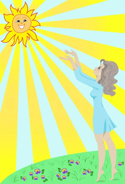 女の子は太陽に向かって伸びる — ストックベクタ