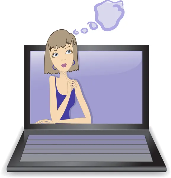 Bir laptop düşünceli kız — Stok Vektör