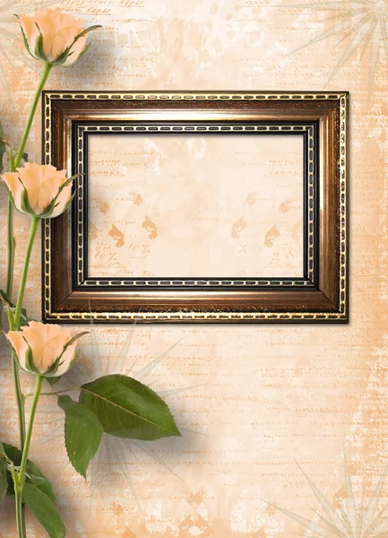 Ξύλινη κορνίζα για φωτογραφία με πανέμορφες τριανταφυλλιές — Φωτογραφία Αρχείου