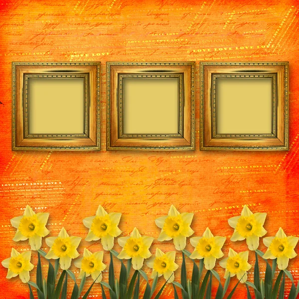 Starý dřevěný rám pro fotografie s bandou květ — Stock fotografie