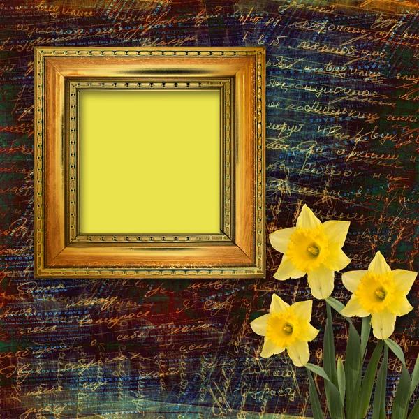 Oude houten frame voor foto met bos van bloem — Stockfoto
