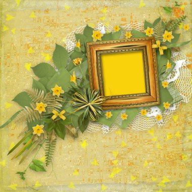 Old wooden frame for photo with bunch of flower clipart