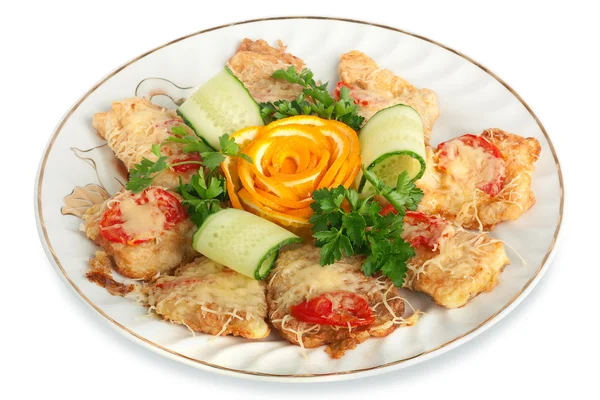 Meat snack with cheese and tomatoes, decorated with a rose from — Stock Photo, Image