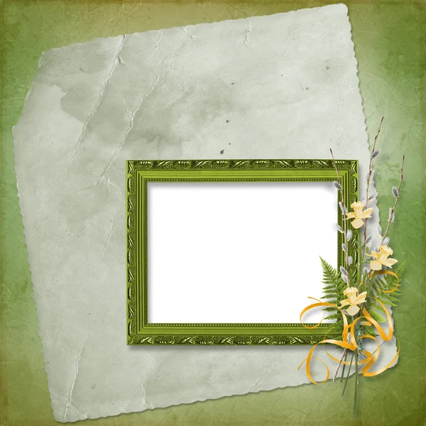 Frame with bunch of willow and narcissus — Stock Photo, Image