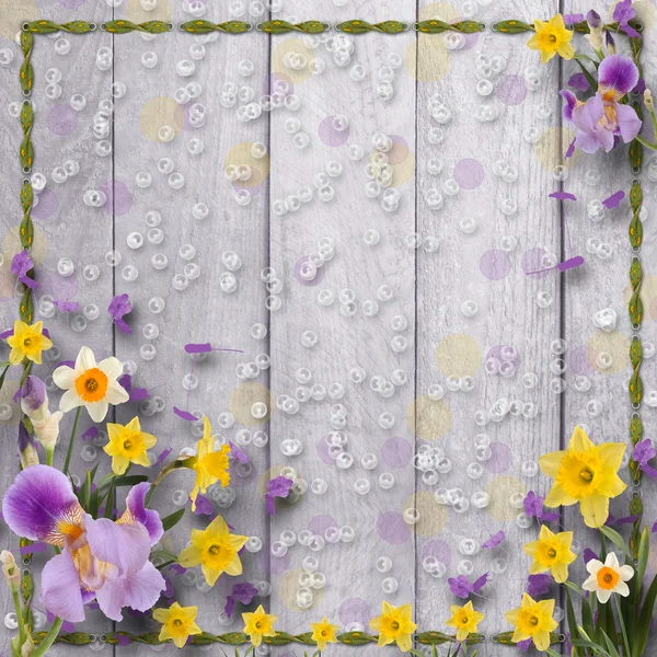Old wooden background with frame and bunch of flower — Stock Photo, Image