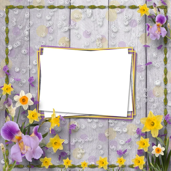 Çerçeve ve çiçek salkımı ile eski ahşap arka plan — Stok fotoğraf