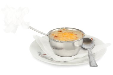 Julienne of chicken and mushrooms under baked cheese clipart