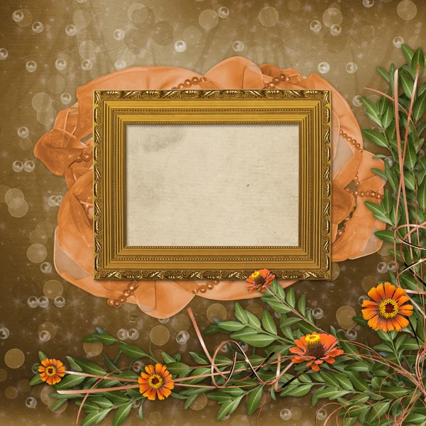 Wooden frame for photos with bunch of flowers — Stock Photo, Image