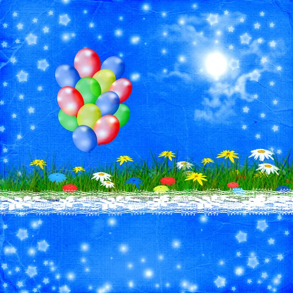 Bright multicolored background with balloon and flowers — Stock Photo, Image