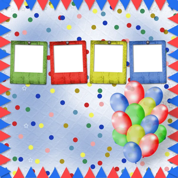 Parlak renkli arka plan ile konfeti ve balon — Stok fotoğraf