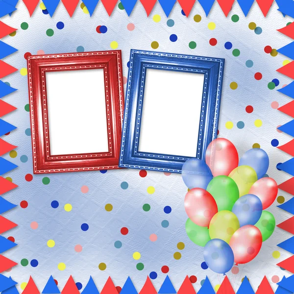 Luminoso sfondo multicolore con cornici, palloncini e confett — Foto Stock