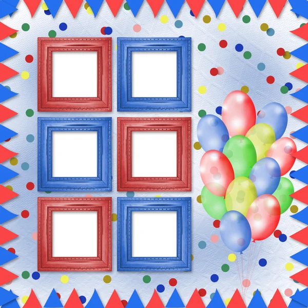 Bright multicolored background with frames, balloons and confett — Stock Photo, Image