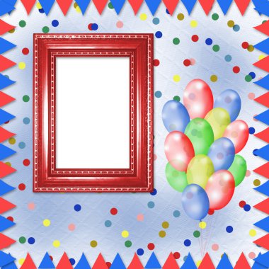 Bright multicolored background with frames, balloons and confett clipart