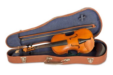 Old violin case with a bow on a white background isolated clipart