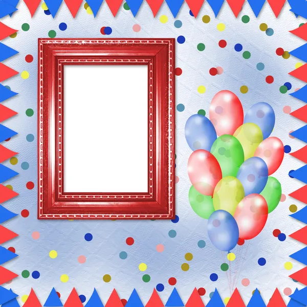 Jasne tło wielobarwny, ramki, balony i confett — Zdjęcie stockowe