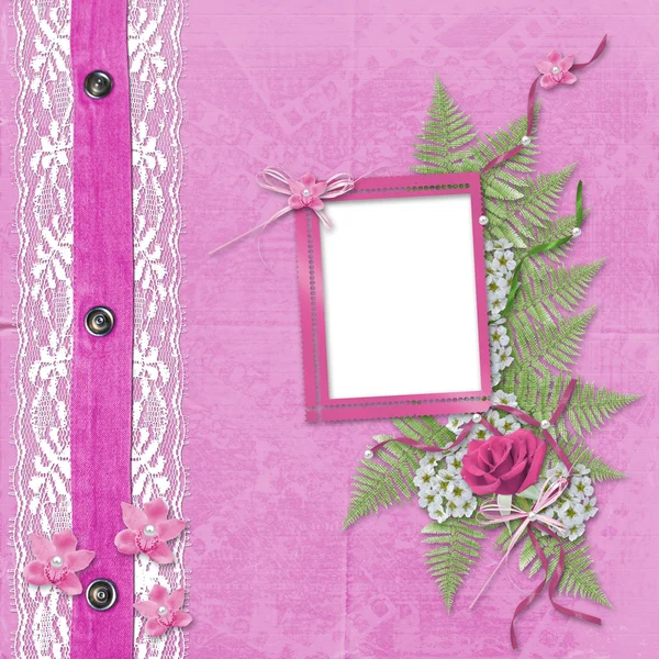 Pink album for photos with jeans, lace and orchid — Zdjęcie stockowe