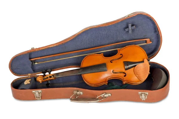Velho caso de violino com um arco em um fundo branco isolado — Fotografia de Stock