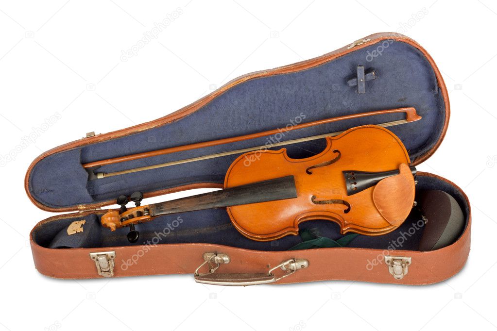 Old violin case with a bow on a white background isolated