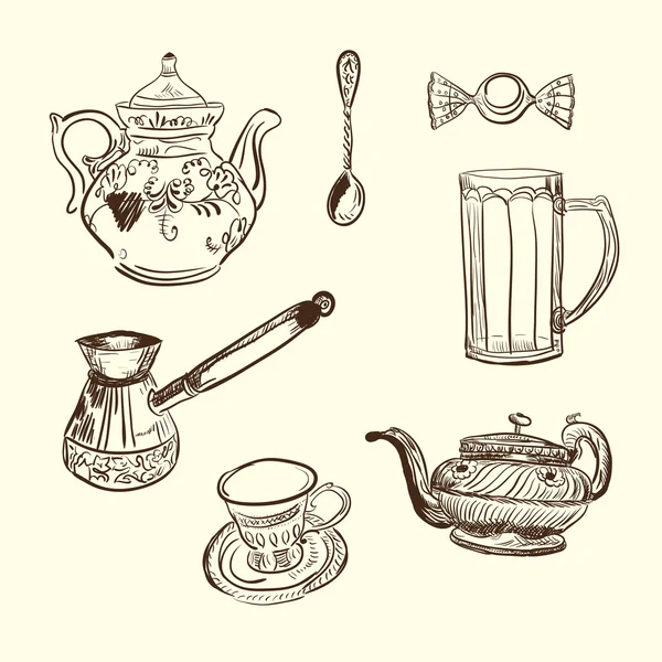 Aparatos de cocina. Tetera de café taza cuchara dulce — Archivo Imágenes Vectoriales
