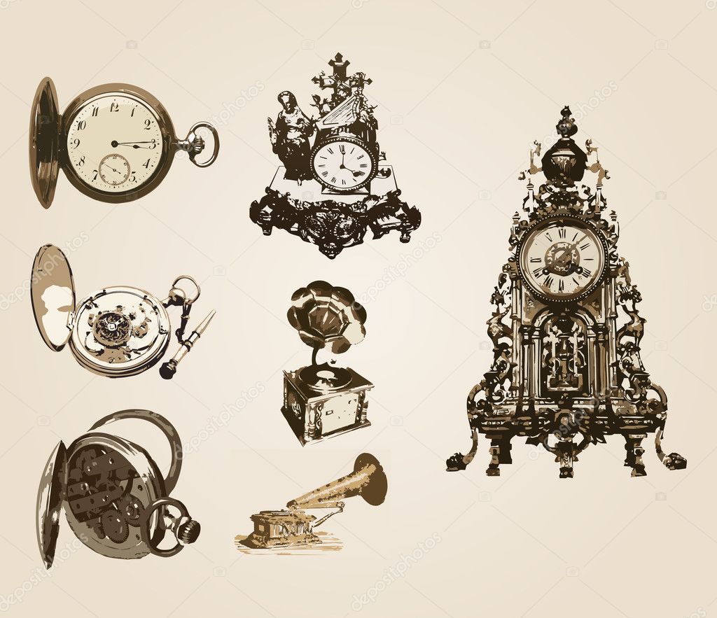 Vector ancient clocks old vintage antique retro