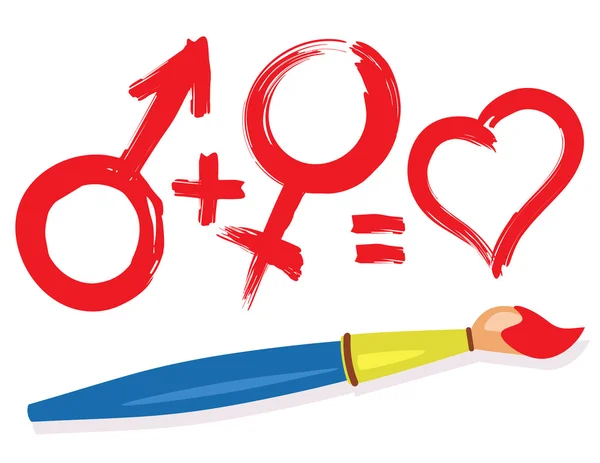 Kadın erkek kalp sembolleri ve boya fırçası — Stok Vektör