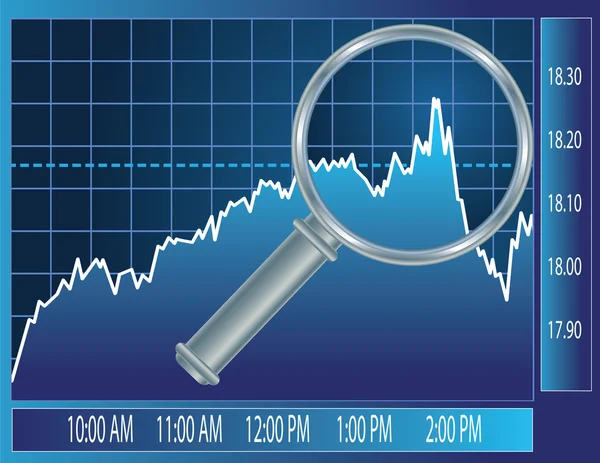 Stock market trend under magnifier glass — Stock Vector