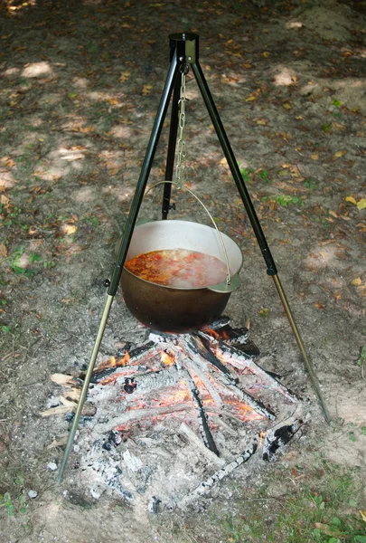 Tourism pot with soup on fire — Stock Photo, Image